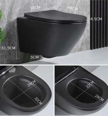 Стенна тоалетна чиния Rimless черна мат ICC4937B и Структура за вграждане ICC097AЕ/Black