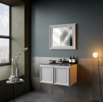 Шкаф за баня с мивка Venturo 80см. бял с черен плот