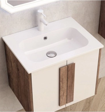 Шкаф за баня с мивка Интер BG6451дървесен цвят и мивка 6066MW бял мат