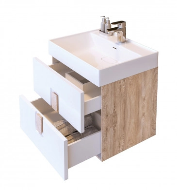 Шкаф за баня с мивка Дърбан 60см бял/дървесен цвят