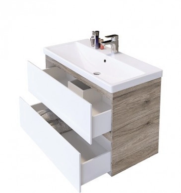 Шкаф за баня с мивка Бостън 90см цвят дървесен/бело