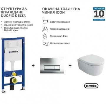 Структура за вграждане Geberit Duofix Delta и стенна тоалетна Icon