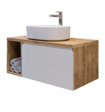 Шкаф за баня с мивка Касаи 90см бял/дървесен цвят