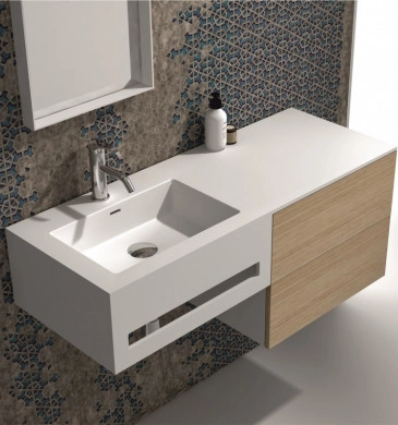 Шкаф за баня с мивка Интер ICP12083L 120см бял Десен плот дървесен цвят