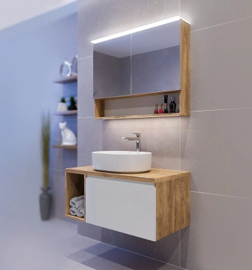 Шкаф за баня с мивка Касаи 90см бял/дървесен цвят