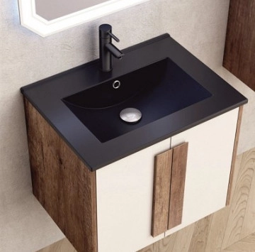 Шкаф за баня с мивка Интер BG6451дървесен цвят и мивка 5953B-2 черен мат