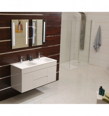 Шкаф за баня с мивка Ева 120см двоен бял и мивка двойна iStone камък бяла