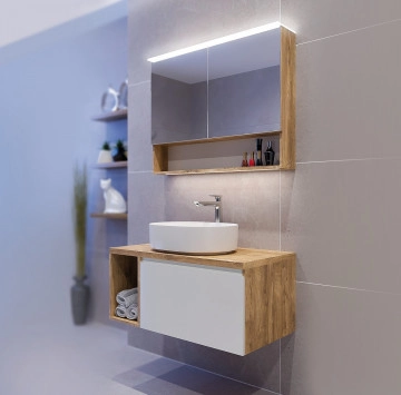 Шкаф за баня с мивка Касаи 70см Бял/дървесен цвят