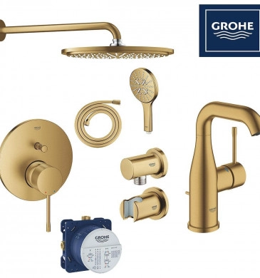 Промо комплект Grohe 8 в 1 Душ система за вграшдане и смесител за мивка злато мат