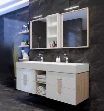 Шкаф за баня с мивка Калахари 150см бял/дървесен цвят