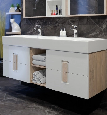 Шкаф за баня с мивка Калахари 150см бял/дървесен цвят
