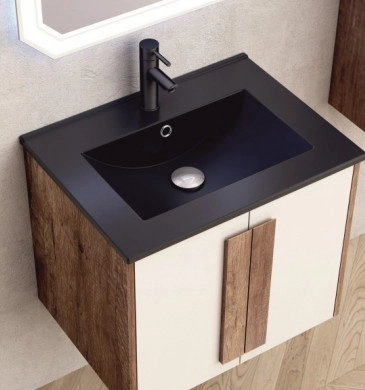 Шкаф за баня с мивка Интер BG6451дървесен цвят и мивка 5953B-2 черен мат