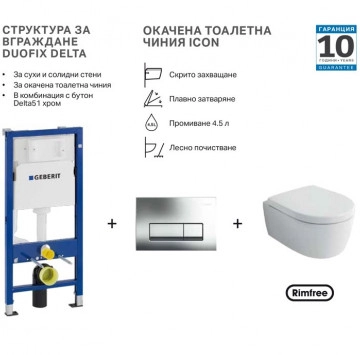 Структура за вграждане Geberit Duofix Delta и стенна тоалетна Icon