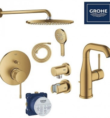 Промо комплект Grohe 8 в 1 Душ система за вграшдане и смесител за мивка злато мат