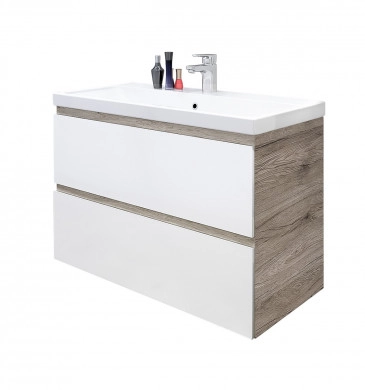 Шкаф за баня с мивка Бостън 90см цвят дървесен/бело