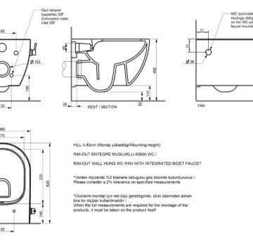 Стенна тоалетна чиния Hill Rimless с биде черен мат